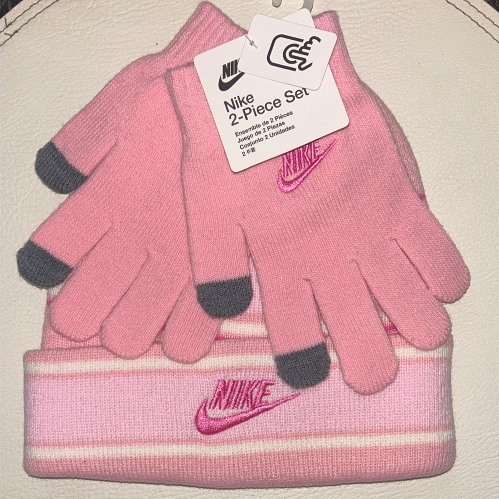Nike Kids Pink and Gray Hat and Gloves Set